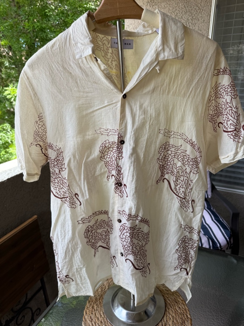 RAGA Cream Short-Sleeve Button-Up with Brownish red Dragon Print